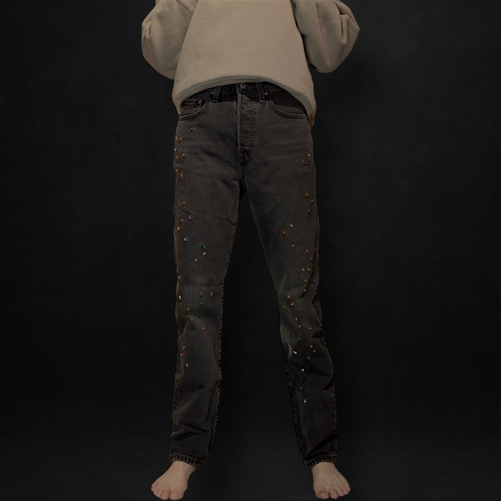 Levis 501 Original Fit Studded Jeans 26x32 Black Glitter Bomb Stars Gems VGUC - Picture 2 of 5